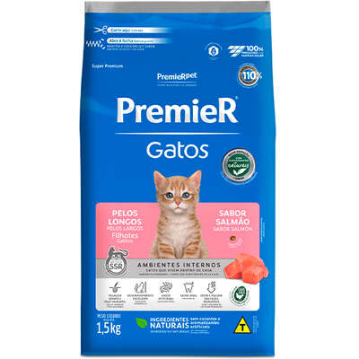 Ração Premier Pet Ambientes Internos Gatos Filhotes Pelos Longos Salmão