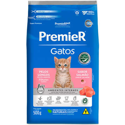 Ração Premier Pet Ambientes Internos Gatos Filhotes Pelos Longos Salmão