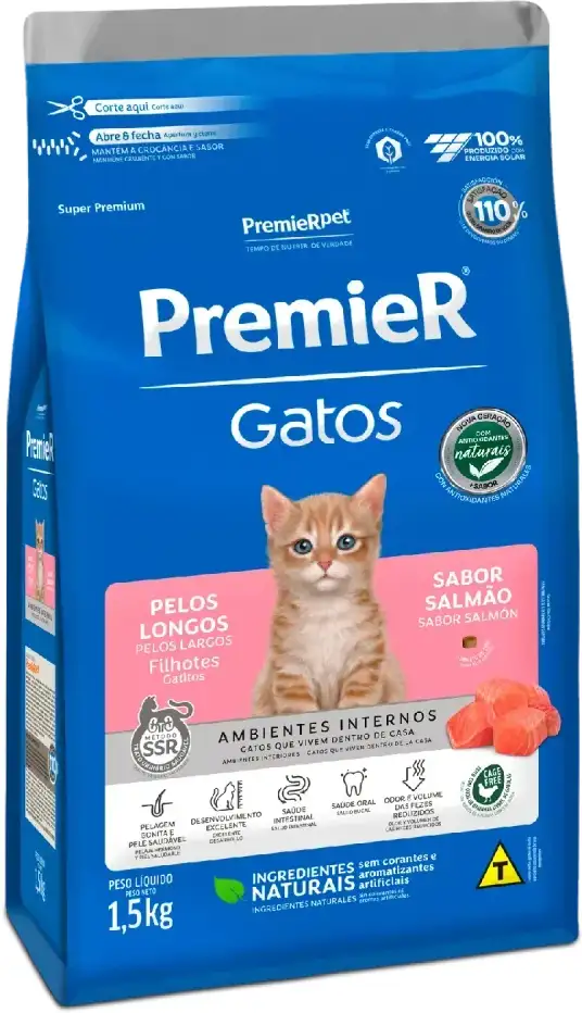 Ração Premier Pet Ambientes Internos Gatos Filhotes Pelos Longos Salmão - 1,5Kg