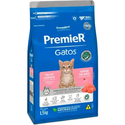 Ração Premier Pet Ambientes Internos Gatos Filhotes Pelos Longos Salmão