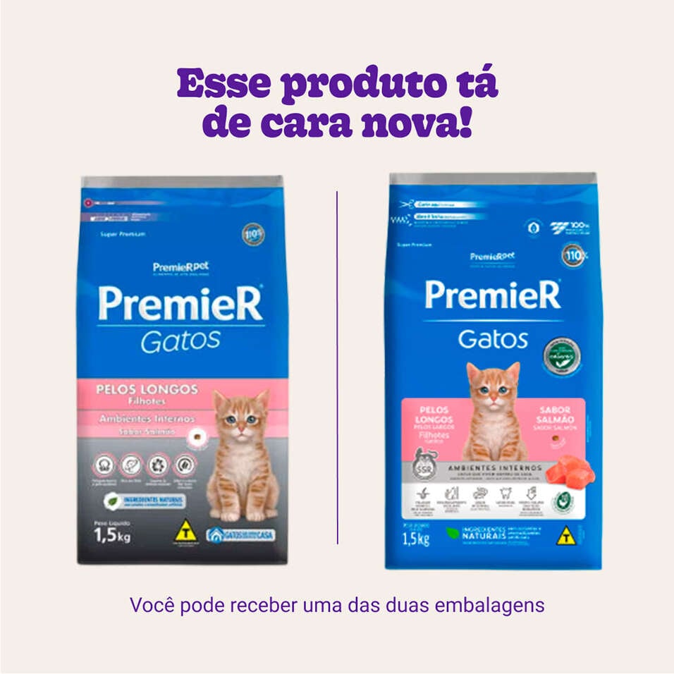 Ração Premier Pet Ambientes Internos Gatos Filhotes Pelos Longos Salmão - 1,5Kg
