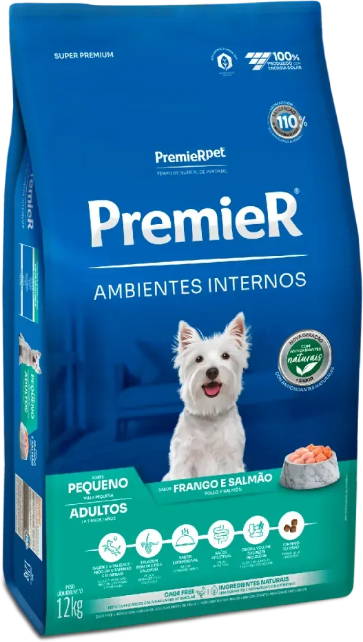 Ração Premier Pet Ambientes Internos Cães Adultos Frango e Salmão - 12Kg