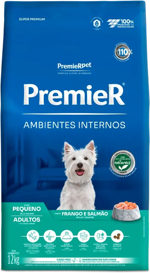 Ração Premier Pet Ambientes Internos Cães Adultos Frango e Salmão - 12Kg