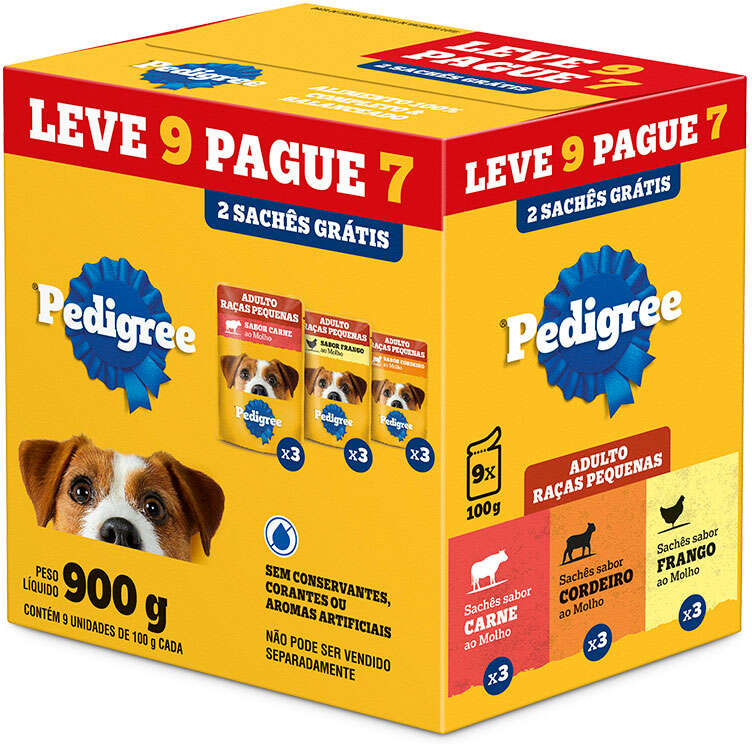 Ração Úmida Pedigree Sachê Carne, Cordeiro e Frango para Cães Adultos de Raças Pequenas 100 g - Leve 9 Pague 7