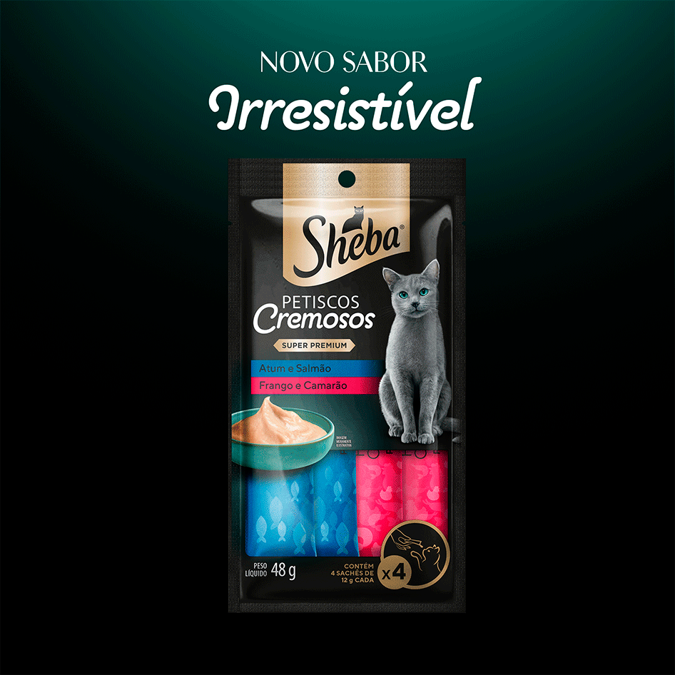 Petisco Sheba Cremoso Sabores Atum e Salmão, Frango e Camarão Gatos Adultos - 1 Pacote (4 Unidades)