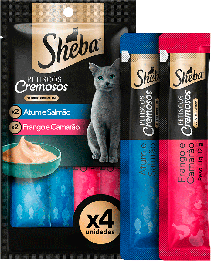 Petisco Sheba Cremoso Sabores Atum e Salmão, Frango e Camarão Gatos Adultos - 1 Pacote (4 Unidades)