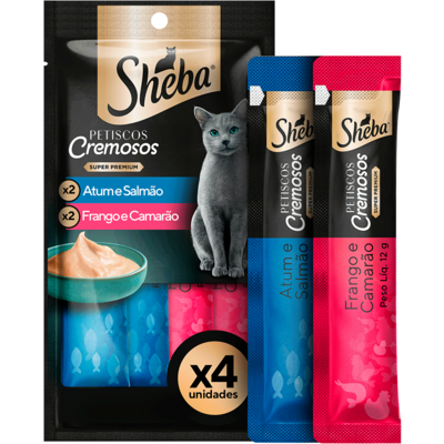Petisco Sheba Cremoso Sabores Atum e Salmão, Frango e Camarão Gatos Adultos