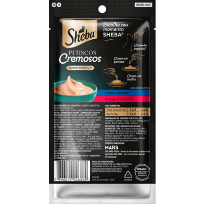 Petisco Sheba Cremoso Sabores Atum e Salmão, Frango e Camarão Gatos Adultos