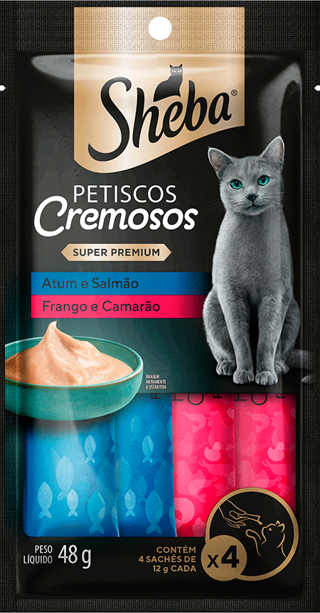 Petisco Sheba Cremoso Sabores Atum e Salmão, Frango e Camarão Gatos Adultos - 1 Pacote (4 Unidades)
