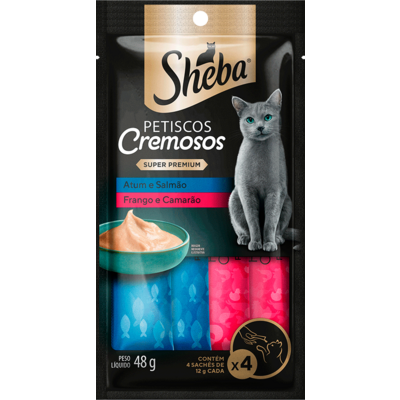 Petisco Sheba Cremoso Sabores Atum e Salmão, Frango e Camarão Gatos Adultos