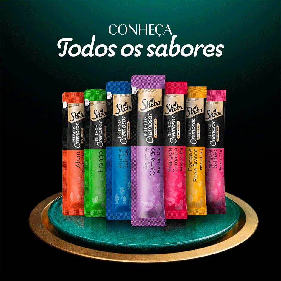Petisco Sheba Cremoso Sabores Atum e Salmão, Frango e Camarão Gatos Adultos - 1 Pacote (4 Unidades)