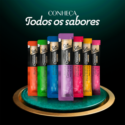 Petisco Sheba Cremoso Sabores Atum e Salmão, Frango e Camarão Gatos Adultos