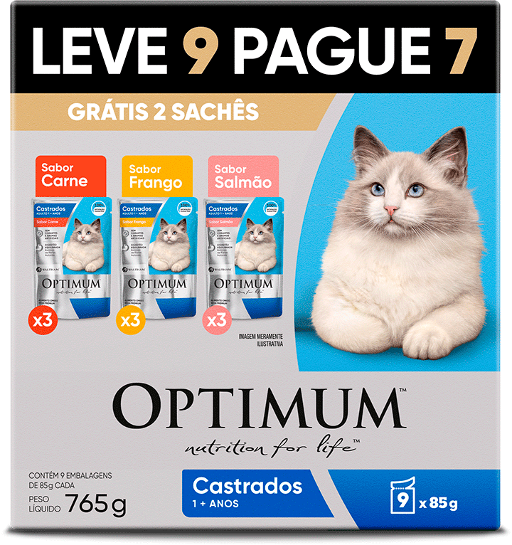 Ração Úmida Optimum Sachê para Gatos Adultos Castrados Carne, Frango e Salmão 85g - Leve 9 Pague 7