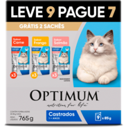 Ração Úmida Optimum Sachê para Gatos Adultos Castrados Carne, Frango e Salmão 85g - Leve 9 Pague 7