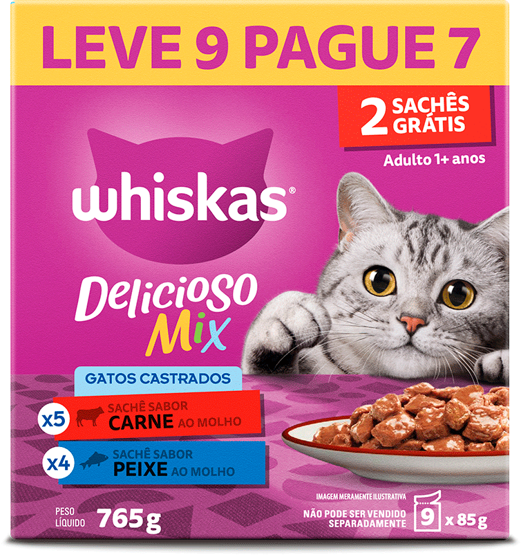 Ração Úmida Whiskas Sachê Carne e Peixe para Gatos Adultos Castrados 85 g - Leve 9 Pague 7