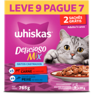 Ração Úmida Whiskas Sachê Carne e Peixe para Gatos Adultos Castrados 85 g - Leve 9 Pague 7