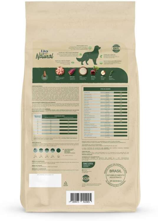 Ração Liva Natural Frango e Batata Doce Cães Adultos Raças Médias e Grandes - 10,1Kg