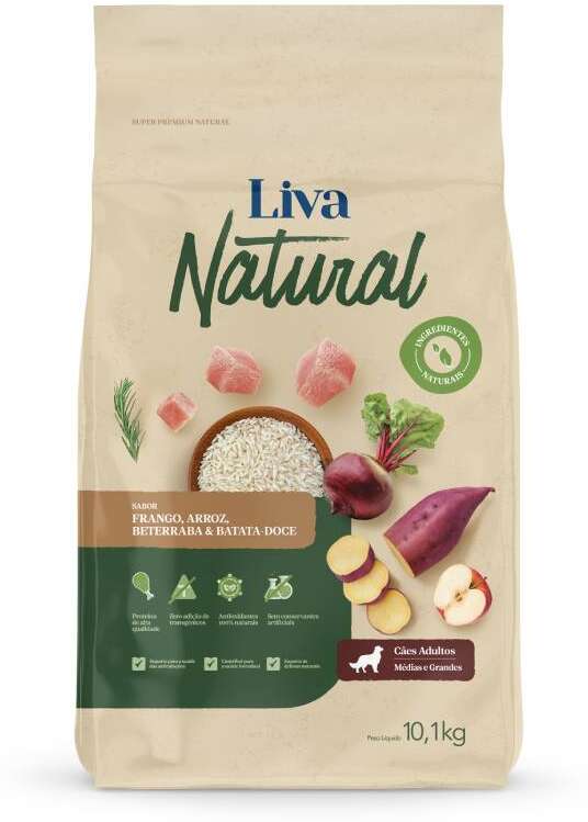 Ração Liva Natural Frango e Batata Doce Cães Adultos Raças Médias e Grandes - 10,1Kg