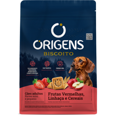 Biscoito Origens para Cães Adultos Porte Mini e Pequeno Sabor Cereais e Frutas Vermelhas