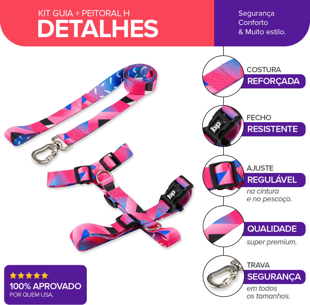 Kit Guia + Peitoral H Basic Pet Rosa Lawn para Cães - Tam. G