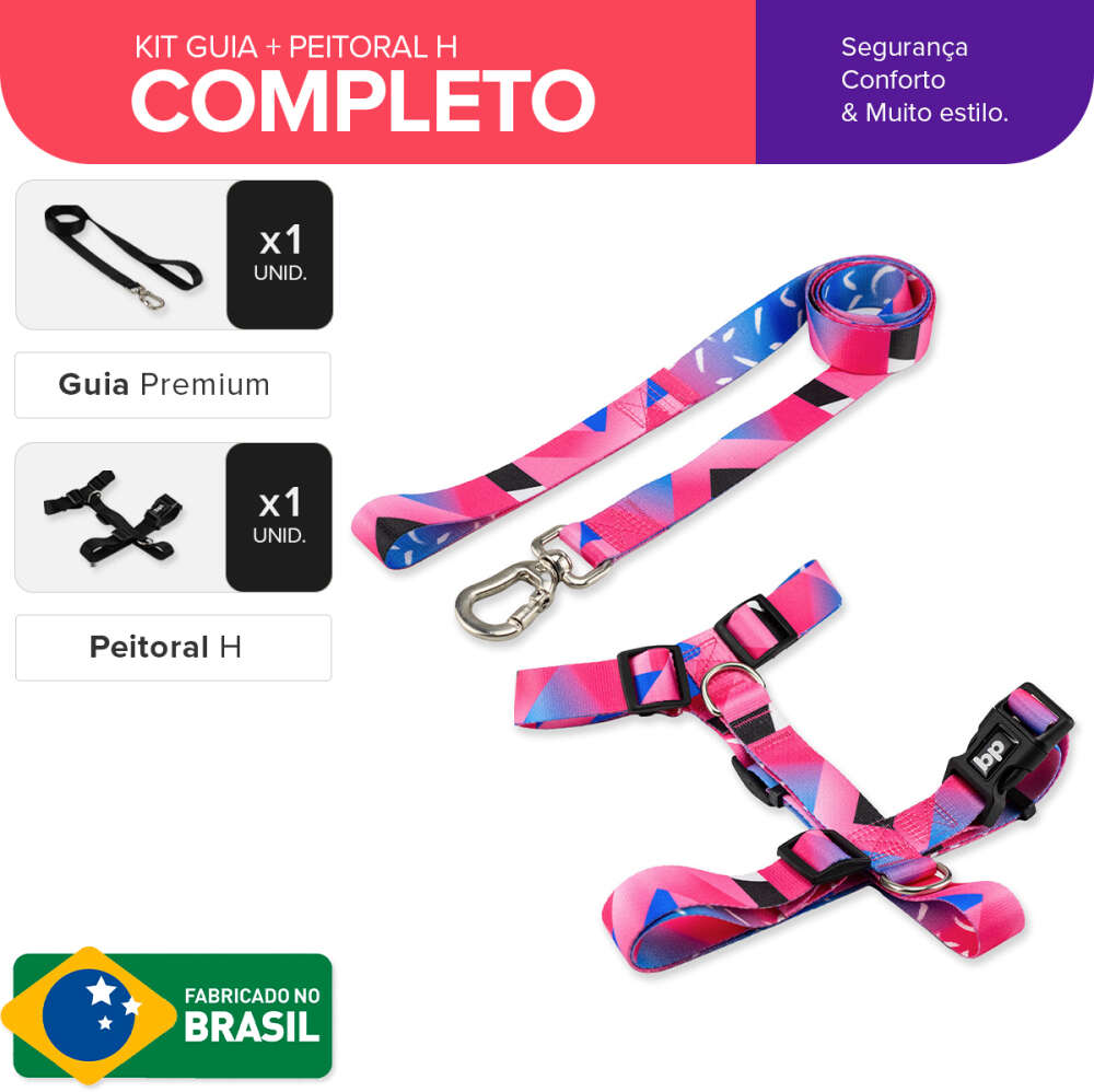 Kit Guia + Peitoral H Basic Pet Rosa Lawn para Cães - Tam. G