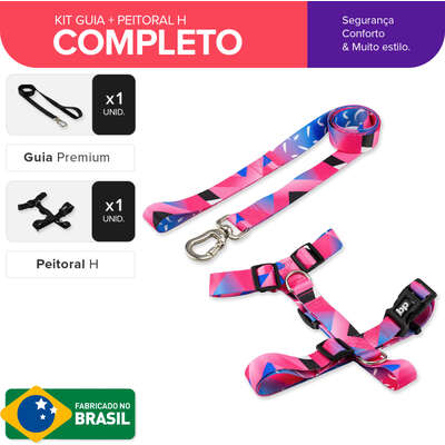 Kit Guia + Peitoral H Basic Pet Rosa Lawn para Cães_