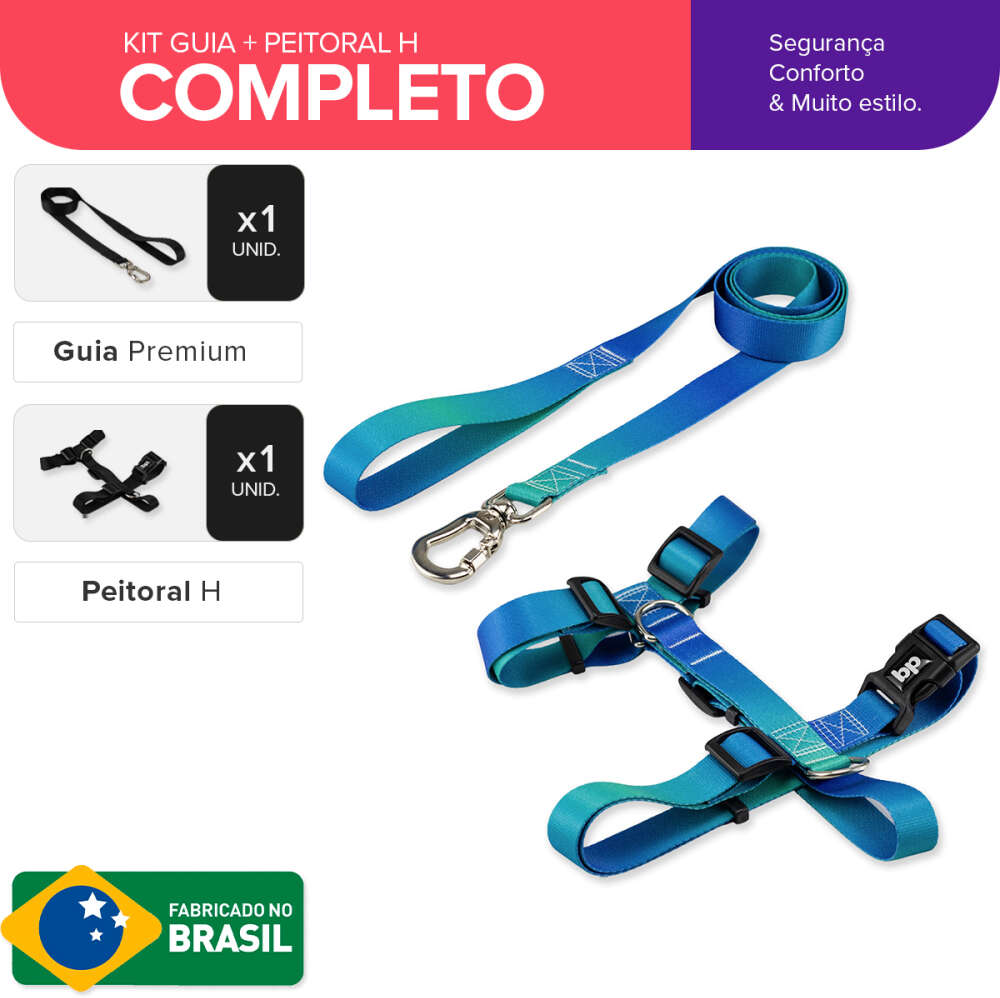 Kit Guia + Peitoral H Basic Pet Verde e Azul Lake para Cães - Tam. M