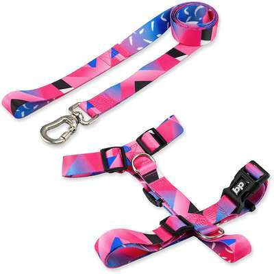 Kit Guia + Peitoral H Basic Pet Rosa Lawn para Cães - Tam. G