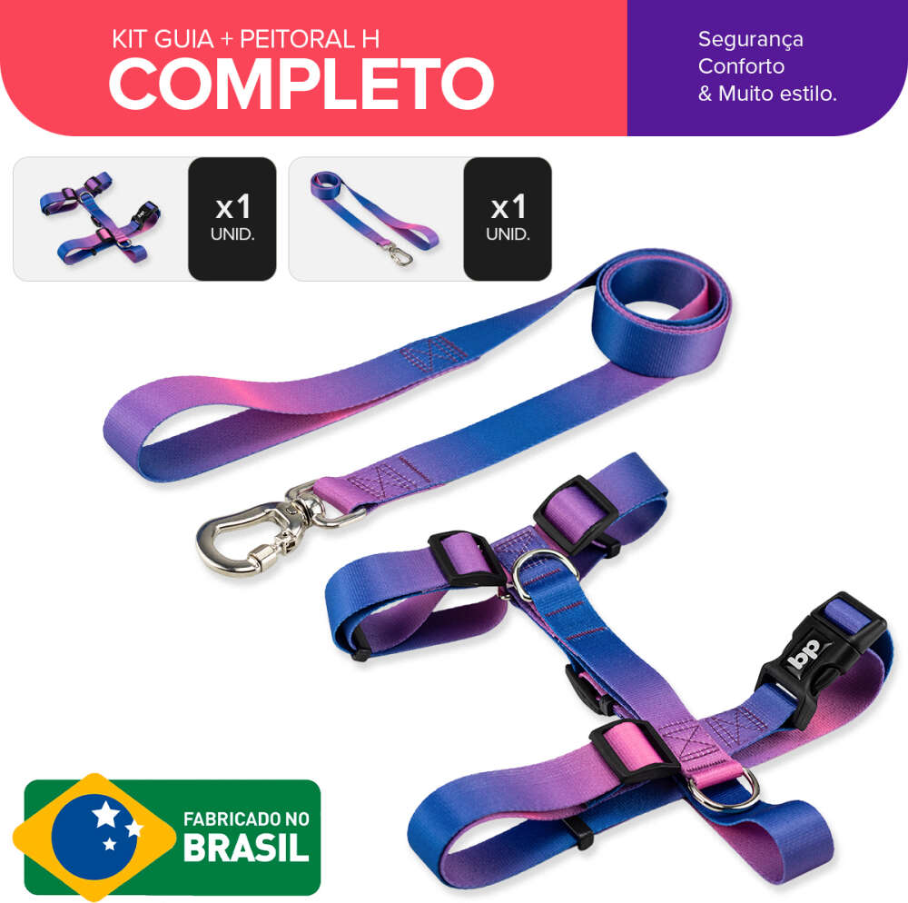 Kit Guia + Peitoral H Basic Pet Roxo e Azul Lily para Cães - Tam. P