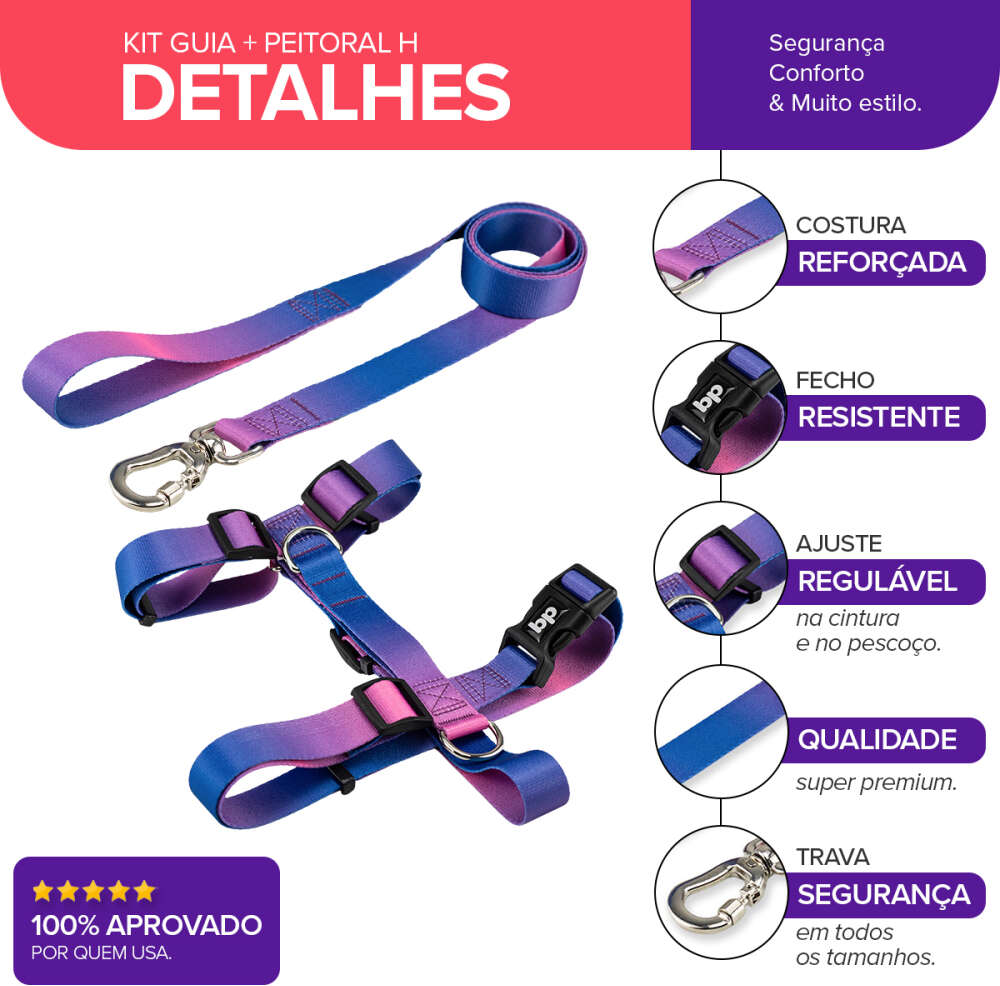 Kit Guia + Peitoral H Basic Pet Roxo e Azul Lily para Cães - Tam. P