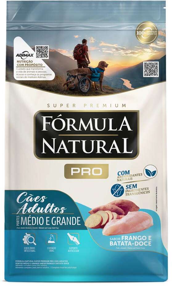 Ração Seca Fórmula Natural Pró Frango e Batata Doce para Cães Adultos de porte Médio e Grande - 20Kg