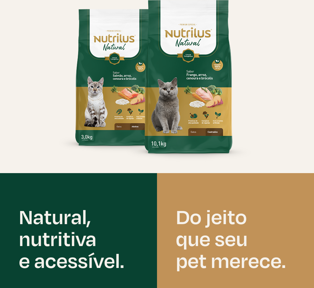 Ração Seca Nutrilus Natural Sabor Frango e Arroz para Gatos Adultos Castrados - 10,1Kg