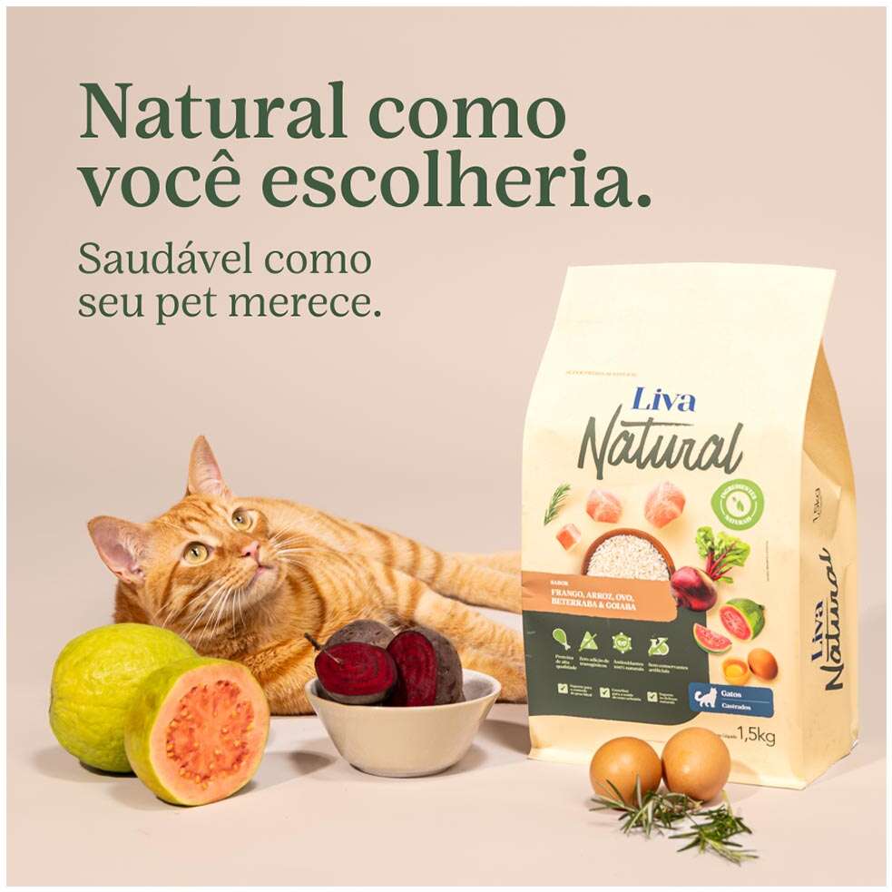 Ração Liva Natural Frango e Goiaba para Gatos Castrados - 7,5Kg