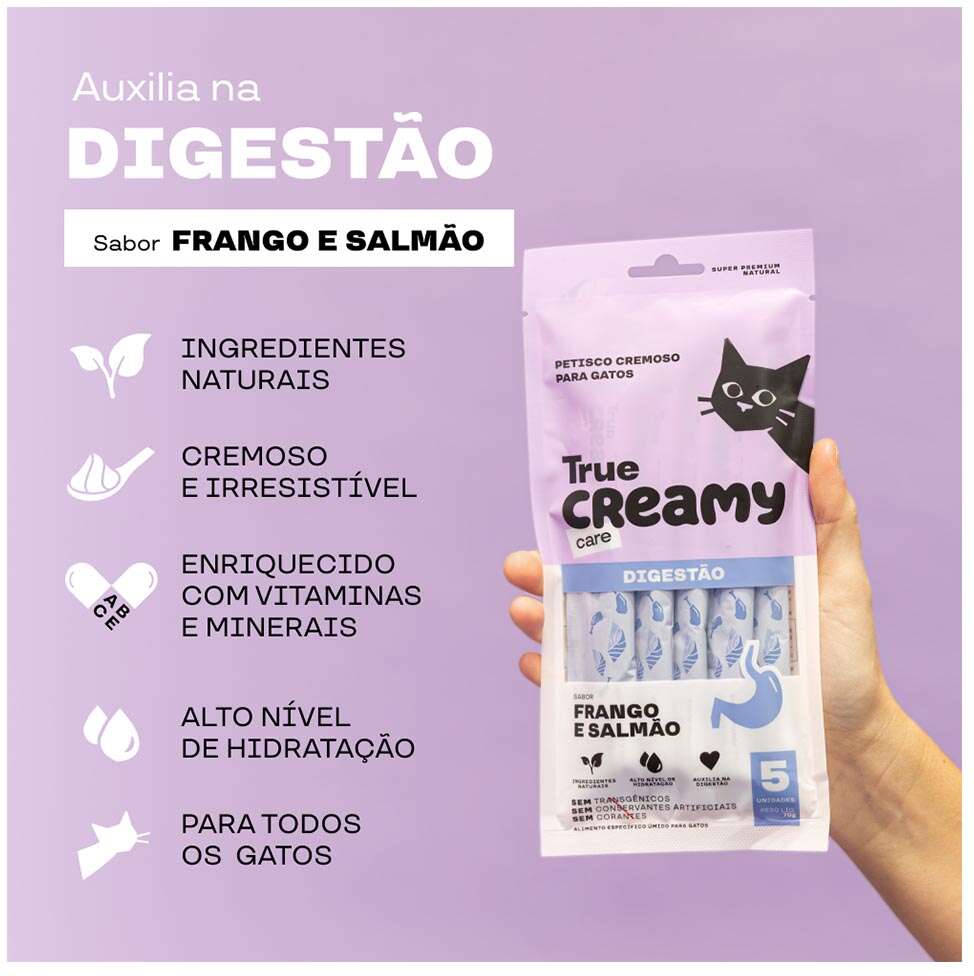 Petisco Cremoso True Creamy Care Digestão Sabor Salmão e Frango para Gatos - 1 Pacote (5 Unidades)