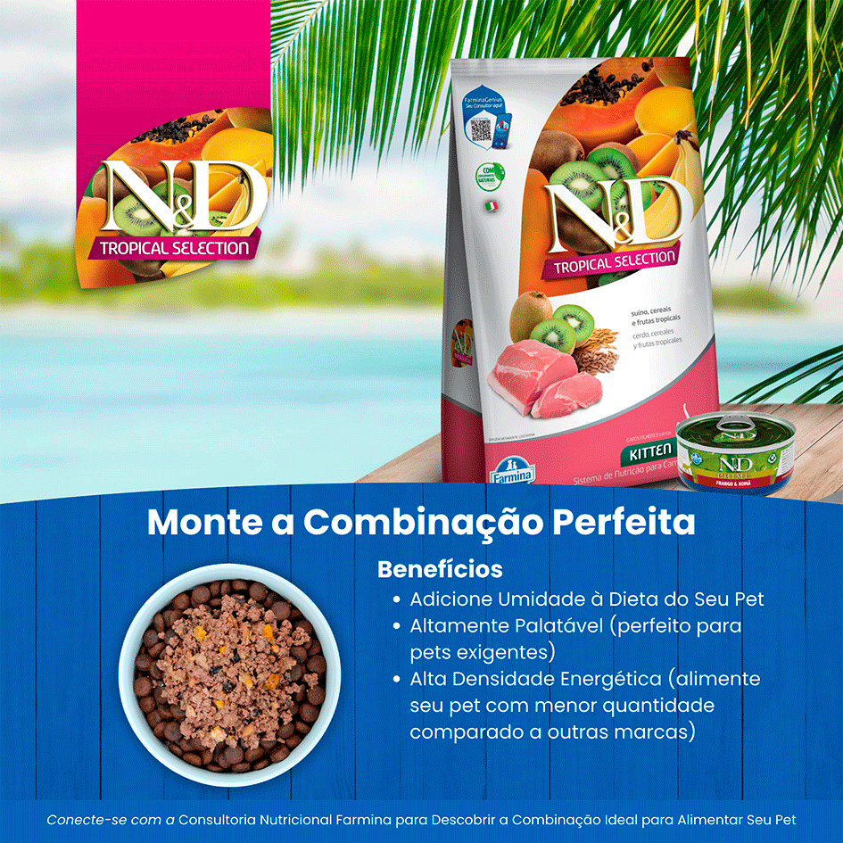 Ração Seca Farmina N&D Tropical para Gatos Filhotes de Todas as Raças Sabor Carne Suína e Cereais - 7Kg