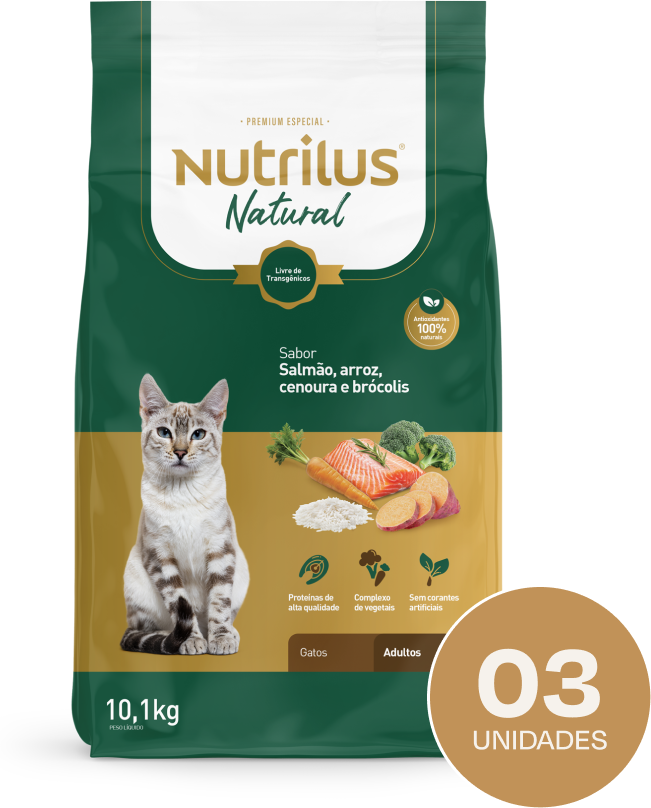 Ração Seca Nutrilus Natural Sabor Salmão e Arroz para Gatos Adultos - 30,3Kg (3 Pacotes)