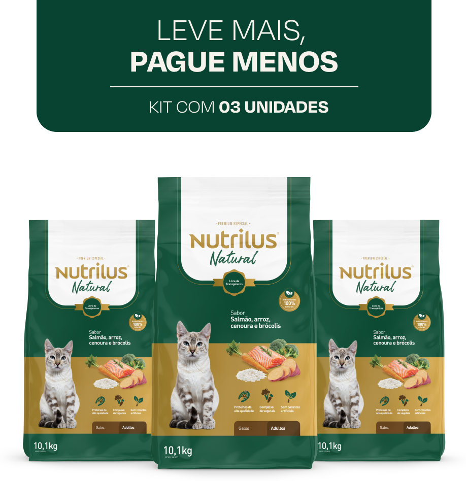 Ração Seca Nutrilus Natural Sabor Salmão e Arroz para Gatos Adultos - 30,3Kg (3 Pacotes)