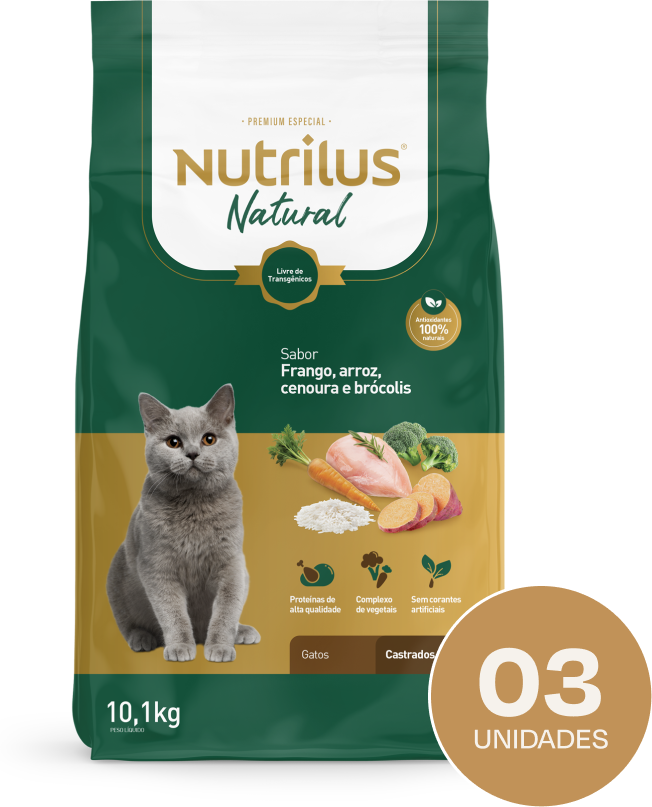 Ração Seca Nutrilus Natural Sabor Frango e Arroz para Gatos Adultos Castrados - 30,3Kg (3 Pacotes)