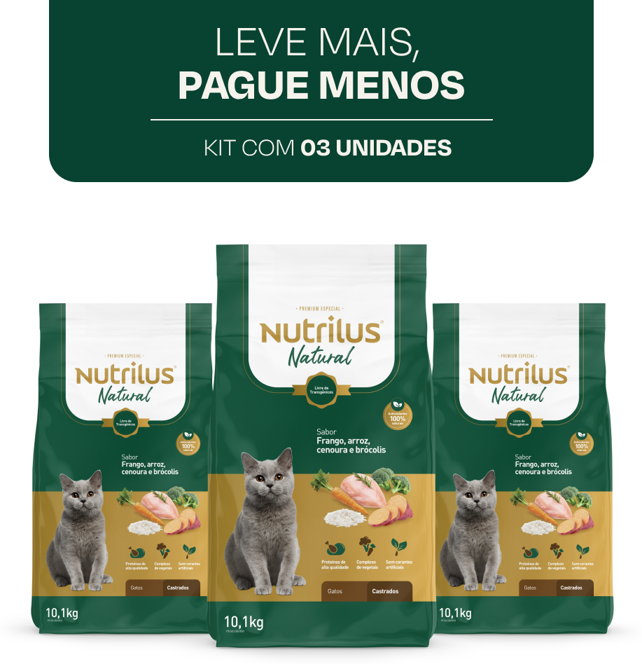 Ração Seca Nutrilus Natural Sabor Frango e Arroz para Gatos Adultos Castrados - 30,3Kg (3 Pacotes)