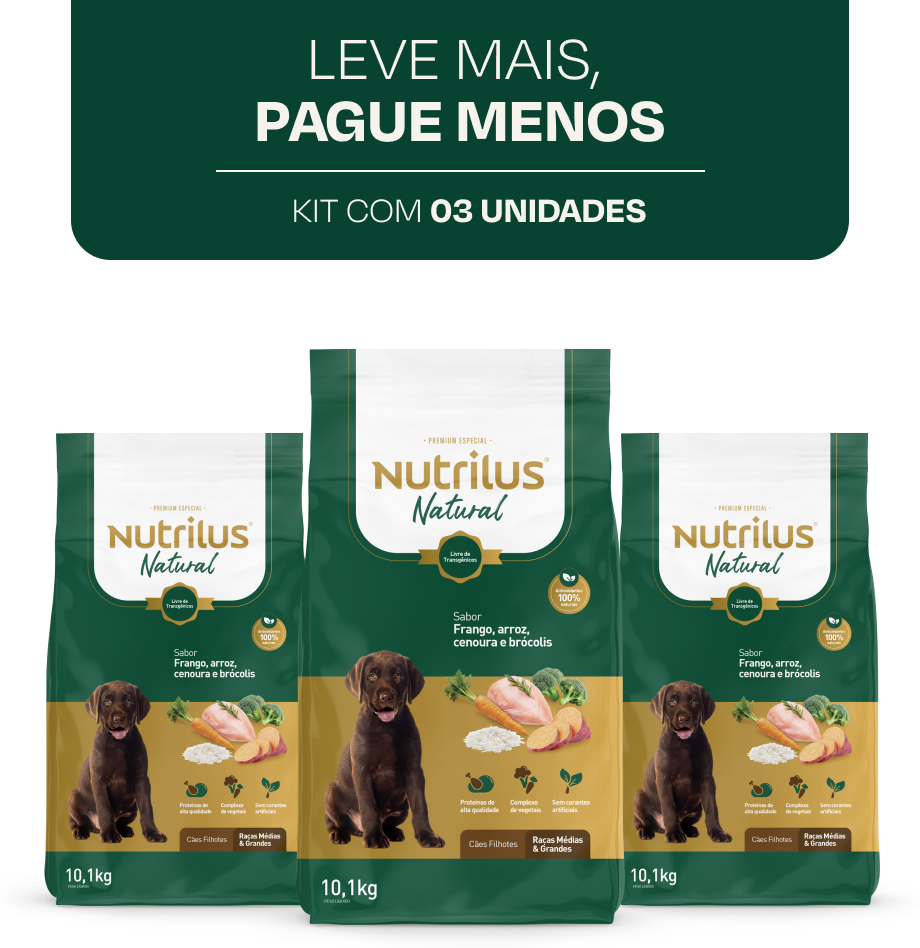 Ração Seca Nutrilus Natural Frango e Arroz para Cães Filhotes Raças Médias e Grandes - 10,1Kg (3 Pacotes)