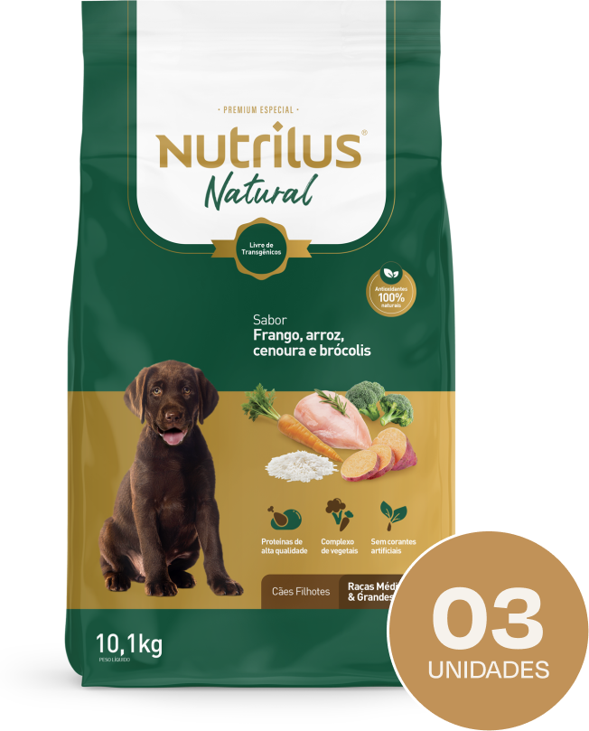 Ração Seca Nutrilus Natural Frango e Arroz para Cães Filhotes Raças Médias e Grandes - 10,1Kg (3 Pacotes)