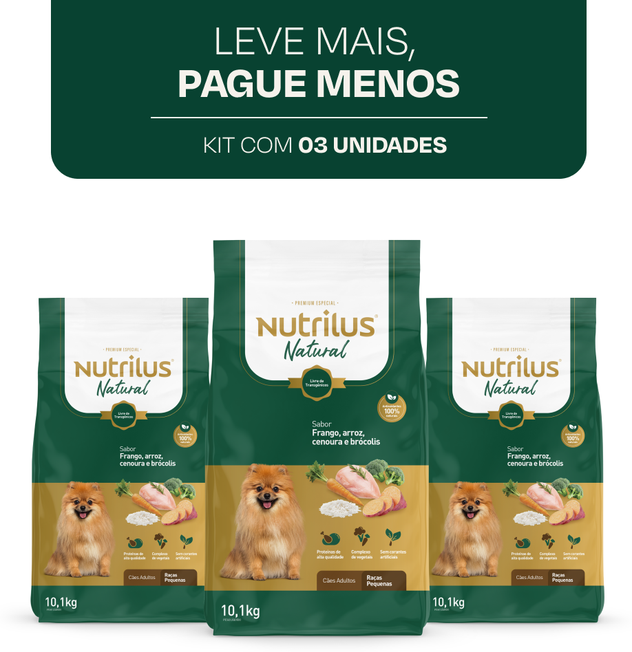 Ração Seca Nutrilus Natural Frango e Arroz para Cães Adultos Raças Pequenas - 30,3Kg (3 Pacotes)
