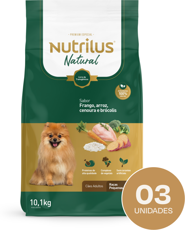 Ração Seca Nutrilus Natural Frango e Arroz para Cães Adultos Raças Pequenas - 30,3Kg (3 Pacotes)