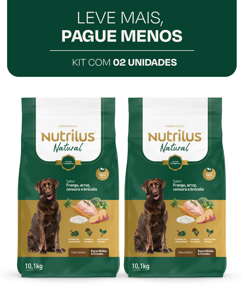 Ração Seca Nutrilus Natural Frango e Arroz para Cães Adultos Raças Médias e Grandes - 20,2Kg (2 Pacotes)