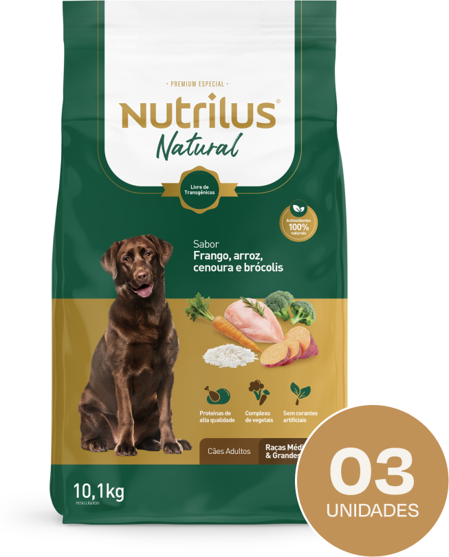 Ração Seca Nutrilus Natural Frango e Arroz para Cães Adultos Raças Médias e Grandes - 30,3Kg (3 Pacotes)