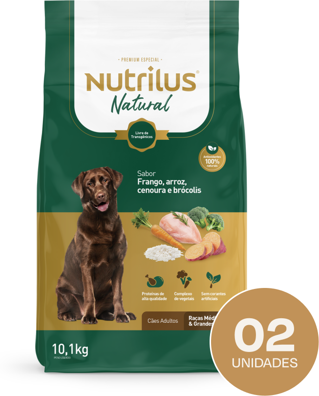 Ração Seca Nutrilus Natural Frango e Arroz para Cães Adultos Raças Médias e Grandes - 20,2Kg (2 Pacotes)