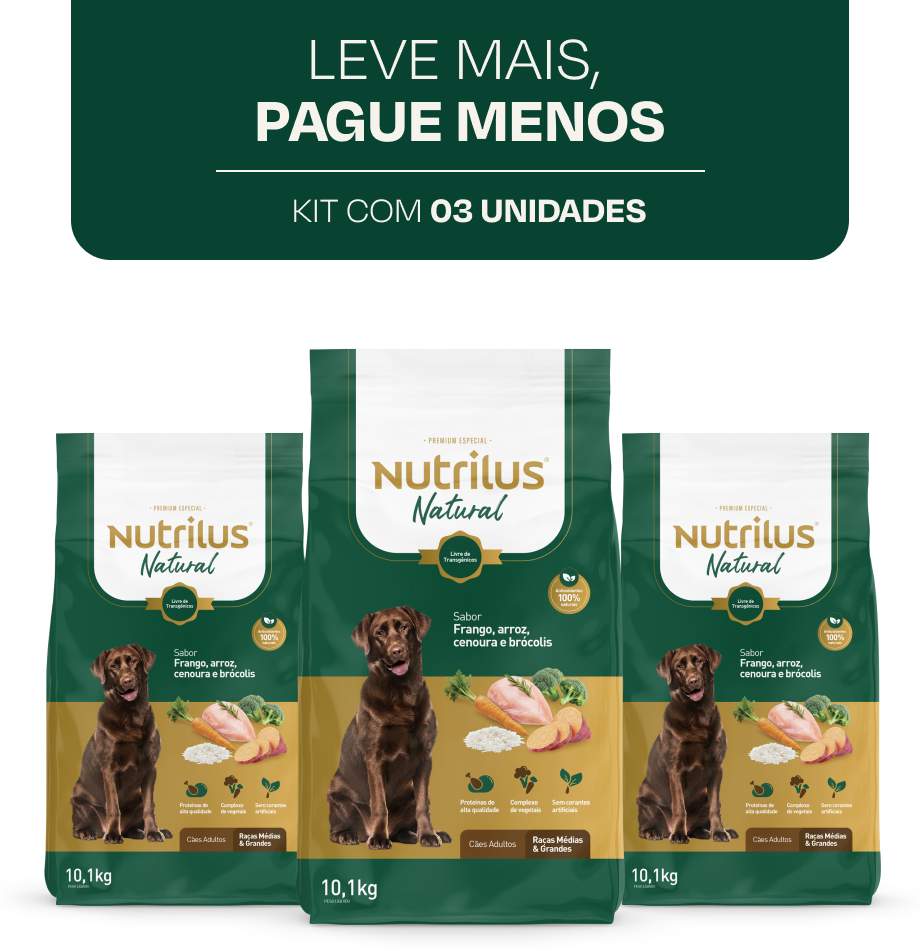Ração Seca Nutrilus Natural Frango e Arroz para Cães Adultos Raças Médias e Grandes - 30,3Kg (3 Pacotes)