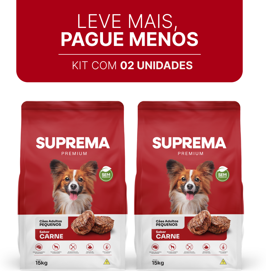 Ração Suprema Sabor Carne para Cães Adultos de Raças Pequenas - 15Kg (2 Pacoes)