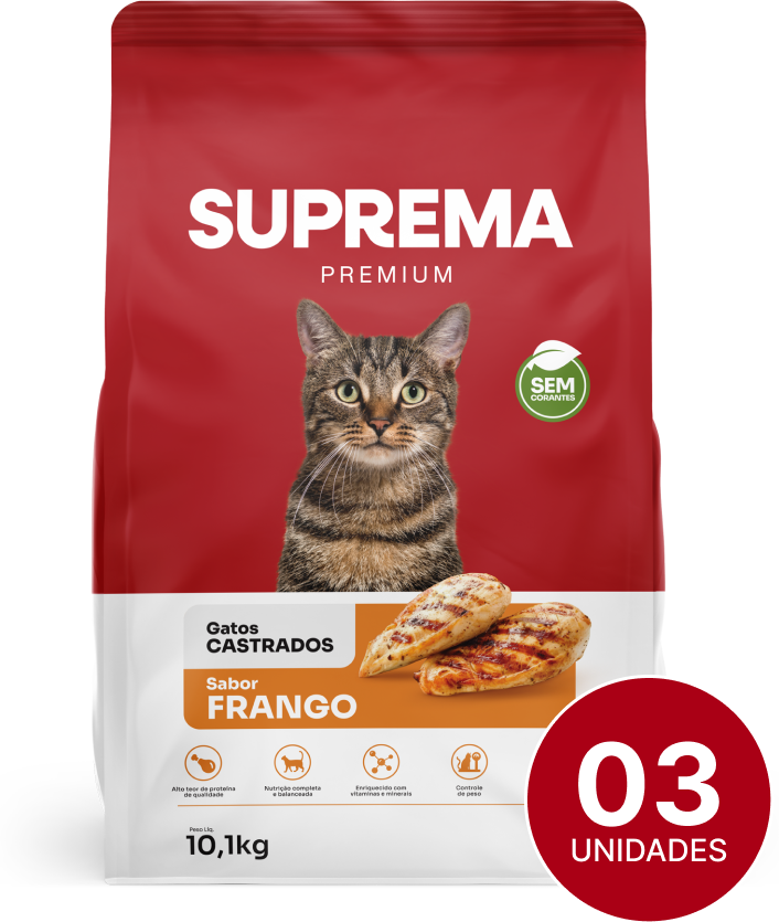 Ração Suprema Sabor Frango para Gatos Adultos Castrados - 10,1Kg (3 Pacotes)