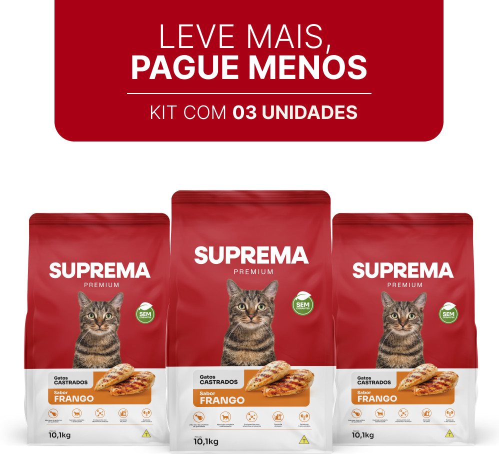 Ração Suprema Sabor Frango para Gatos Adultos Castrados - 10,1Kg (3 Pacotes)